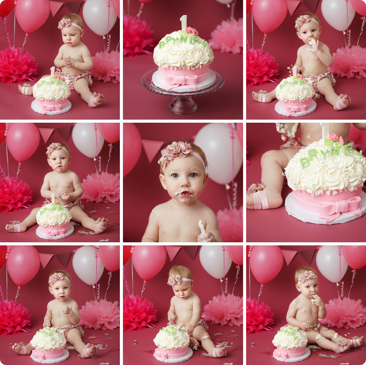 Cake smash photos, cake smash collage, pink cake smash set, girly cake smash session, smash cake girl