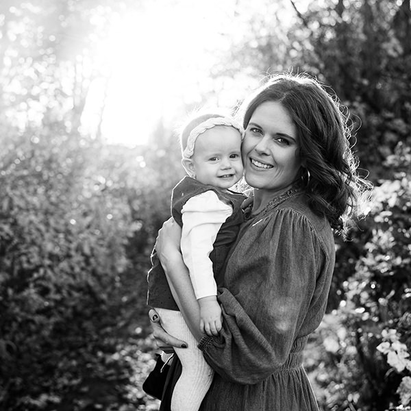 Mom and baby in black and white family photograph