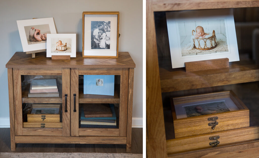 A home display of photo albums, and portrait boxes.