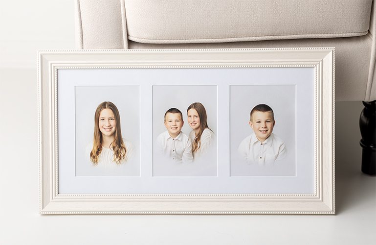 Carefully edited, framed Heirloom Portrait Collage, girl/boy siblings